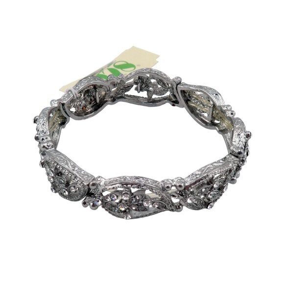 1928 Jewelry Clear Round Cut Crystal Leaf Design Silvertone Stretch Bracelet NWT - Picture 2 of 3